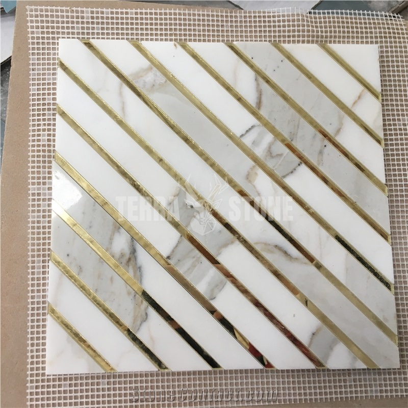 Stripe Pattern Calacatta Gold Marble W/ Golden Glass Mosaic