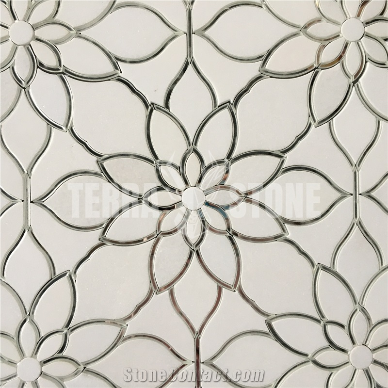 Terra Stone Pure White Marble Mix Glass Mosaic Tile Waterjet