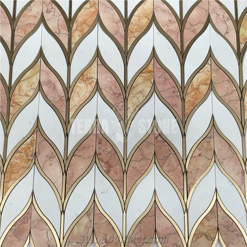 Thassos White Coral Red Marble Waterjet Leaves Pattern Tile