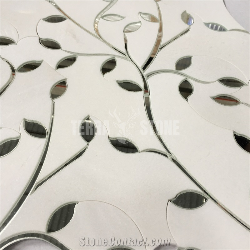Thassos White Marble With Mirror Glass Waterjet Wall Mosaic