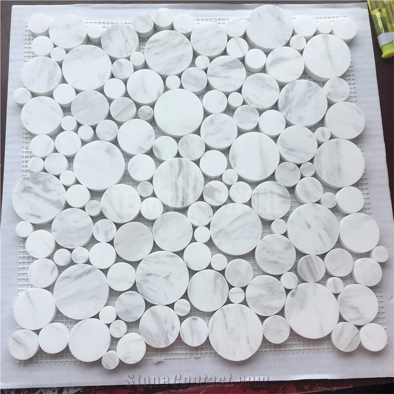 Volakas White Marble Mosaic Pebble Bubble Pattern Tiles