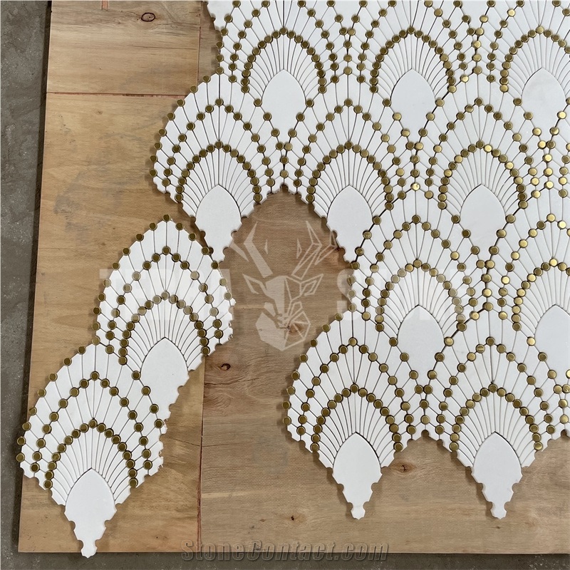 Water Jet Marble Mosaic Stone Brass Dots Fish Scale Tile