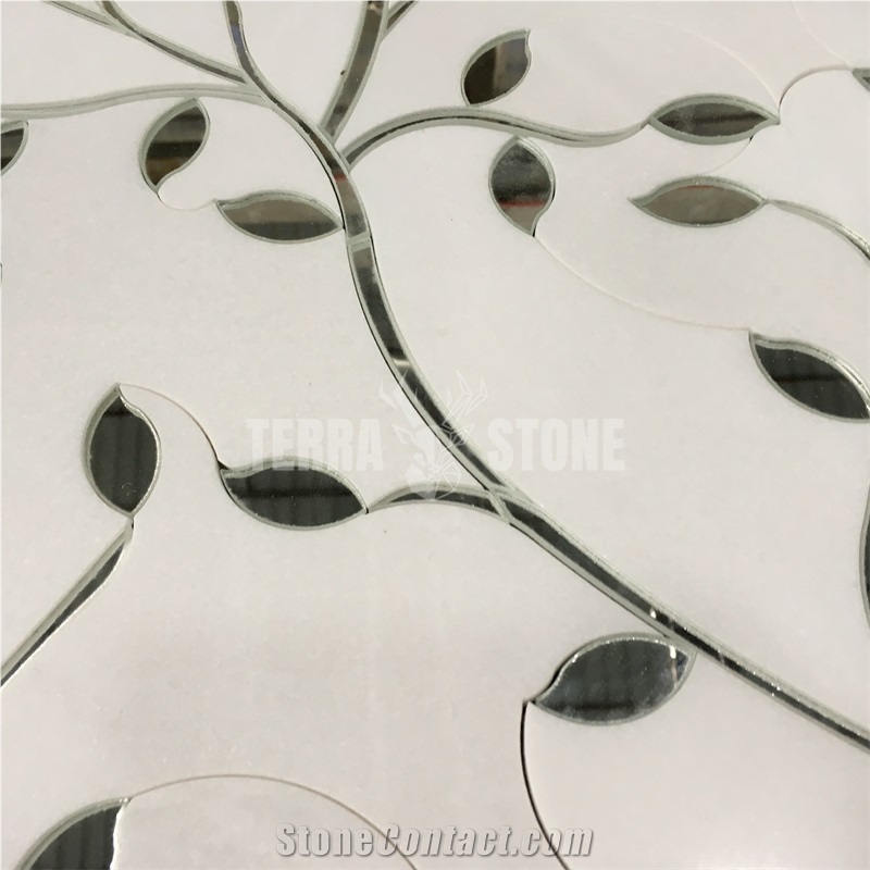 Water Jet Marble With Mirror Glass Leaves Bathroom Mosaic