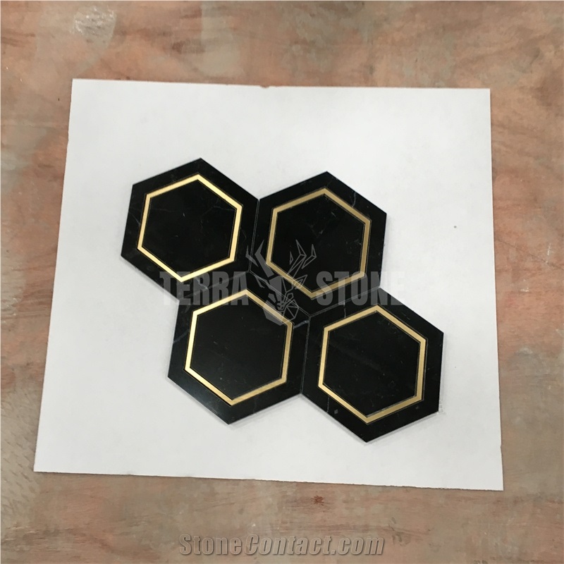 Waterjet 4 Inch Hexagon Marble And Brass Mosaic Tile