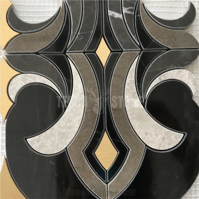 Waterjet Black Nero Mosaic Tile With Brass For Bathroom