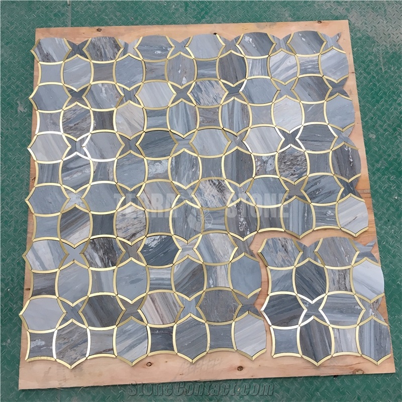 Waterjet Blue Sands Marble And Brass Floor Mosaic Tiles