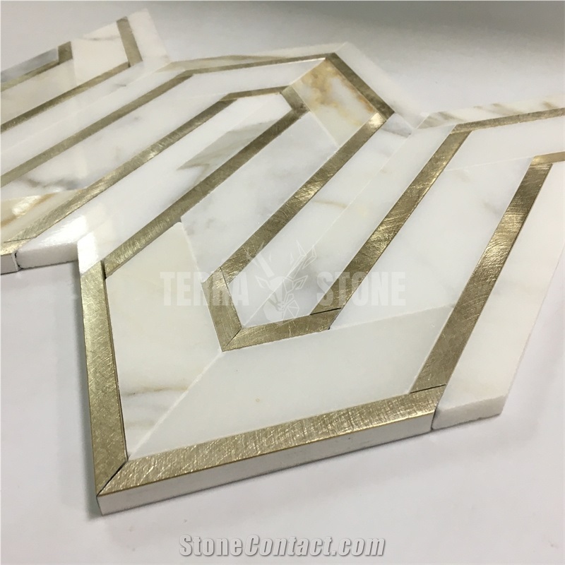 Waterjet Calacatta Gold Marble Golden Metal Mosaic Tiles