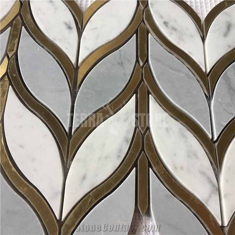 Waterjet Carrara And Bardiglio Marble With Brass Mosaic Tile
