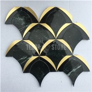 Waterjet Fish Scale Fan Shape Green Marble Brass Mosaic Tile