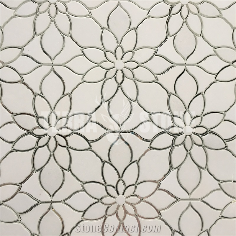Waterjet Glass Mix Marble Stone Floral Pattern Mosaic Tile