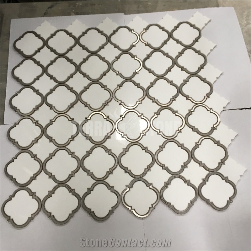 Waterjet Lantern White Marble W/ Stainless Steel Mosaic Tile