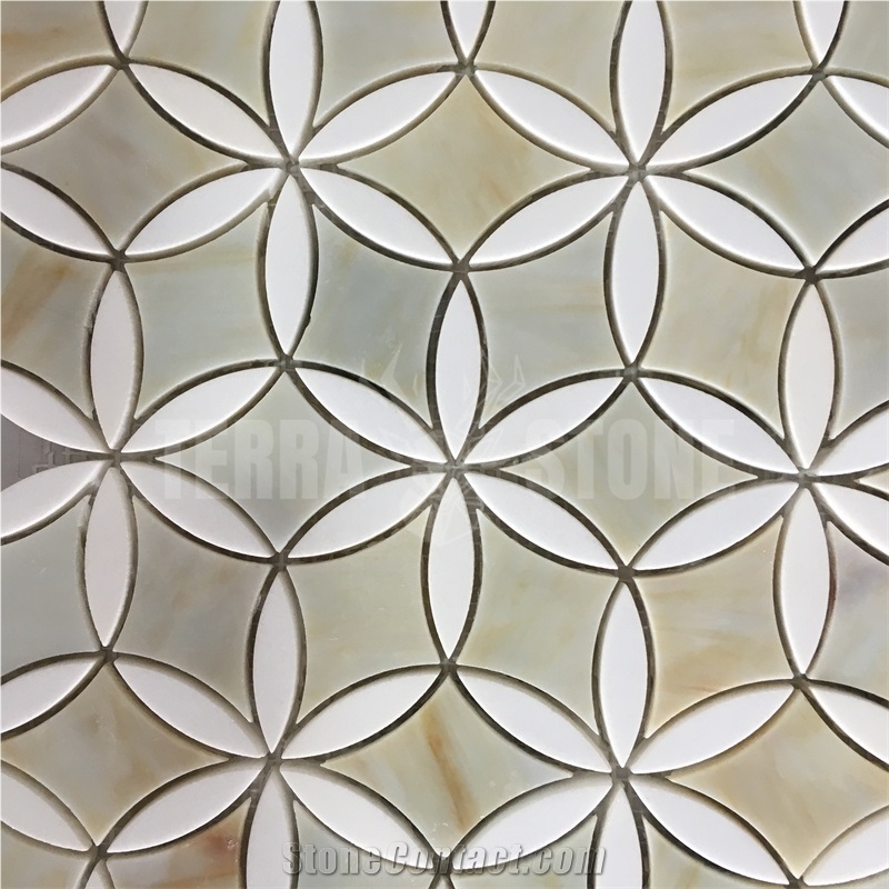 Waterjet Marble Mosaic And Yellow Glass Flower Bathroom Tile