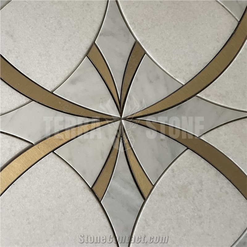 Waterjet Marble Mosaic Bianco Carrara Tile With Brass Inlay