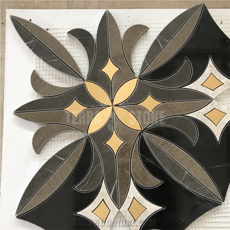 Waterjet Marble Mosaic Black Stone With Gold Brass Wall Tile