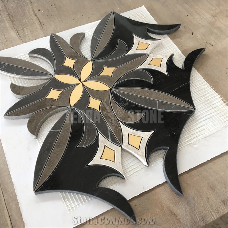 Waterjet Marble Mosaic Black Stone With Gold Brass Wall Tile