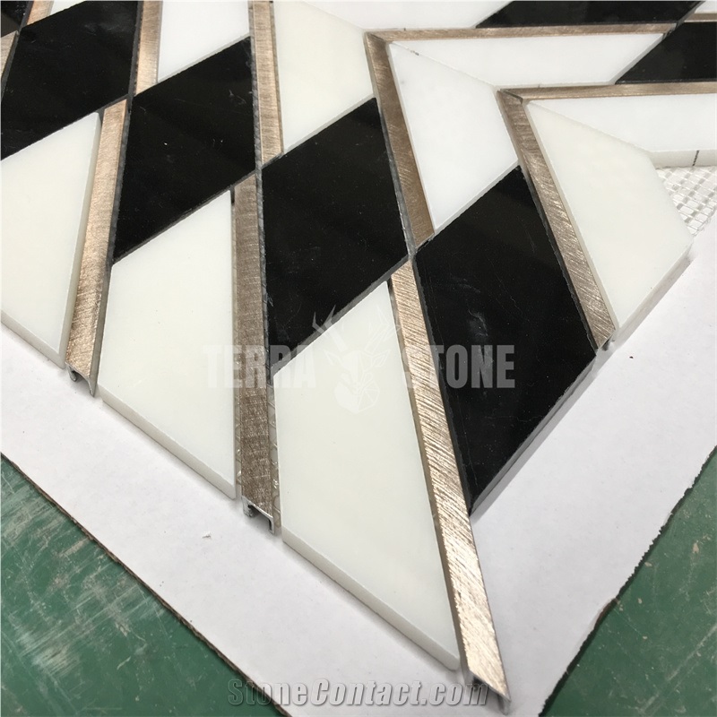 Waterjet Marble Mosaic Black White Marble And Metal Tiles