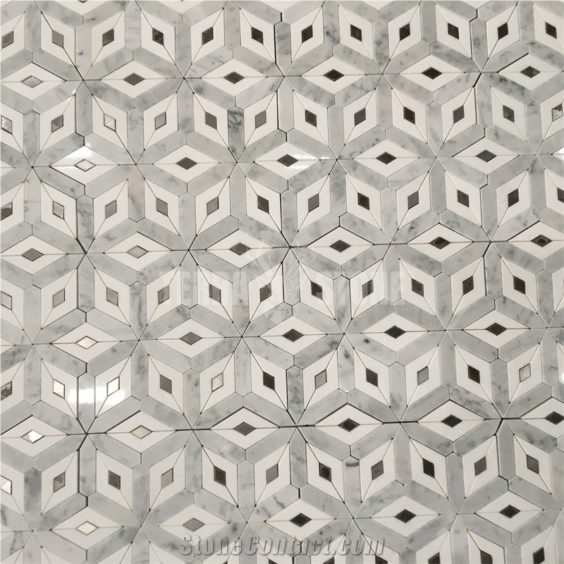 Waterjet Marble Mosaic Carrara White Rhombus Pattern Tile