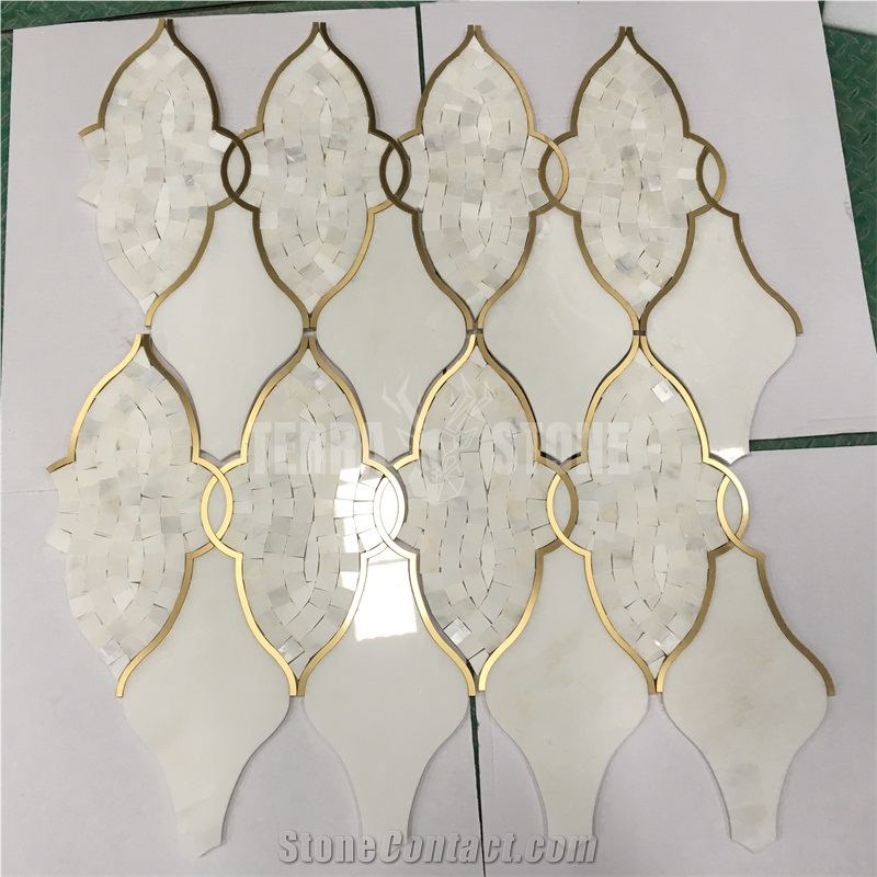 Waterjet Marble Mosaic Lantern Design Golden Metal Tiles