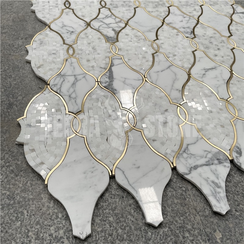 Waterjet Marble Mosaic Lantern Design White Stone With Brass