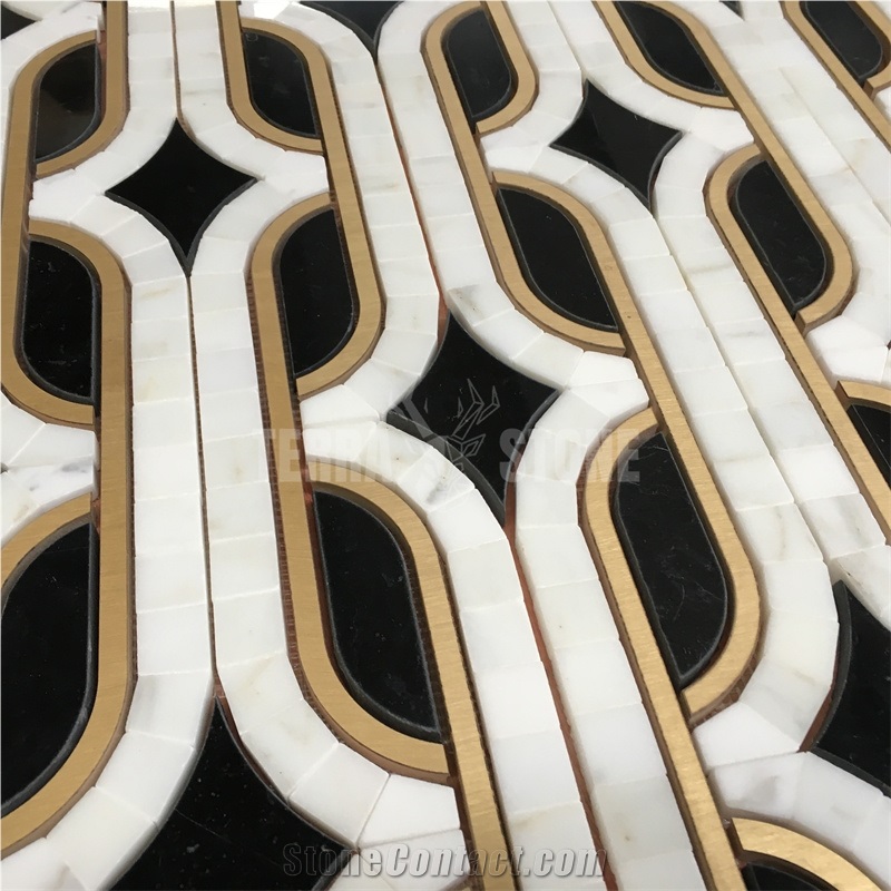Waterjet Marble Mosaic Luxury Bathroom Stone Tile W/ Brass