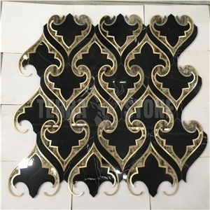 Waterjet Marble Mosaic Luxury Stone Tile Black Nero W/ Brass