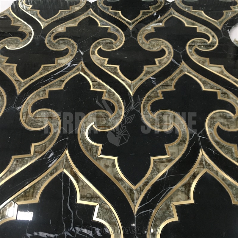 Waterjet Marble Mosaic Luxury Stone Tile Black Nero W/ Brass