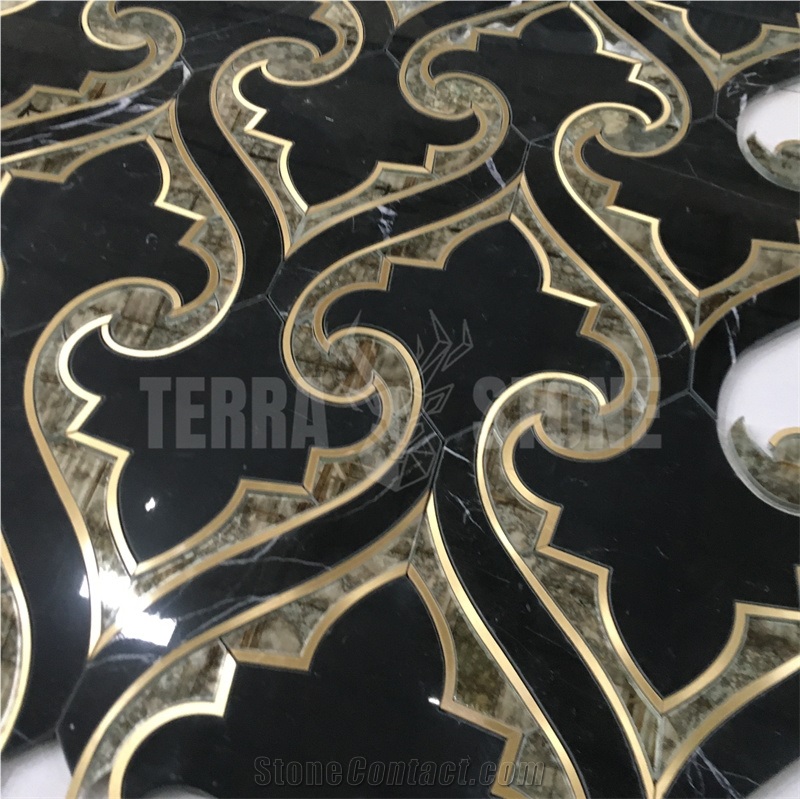 Waterjet Marble Mosaic Luxury Stone Tile Black Nero W/ Brass