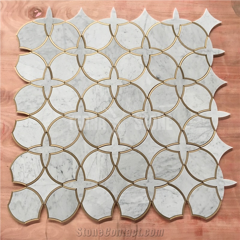 Waterjet Marble Mosaic Natural Stone With Golden Metal Tile
