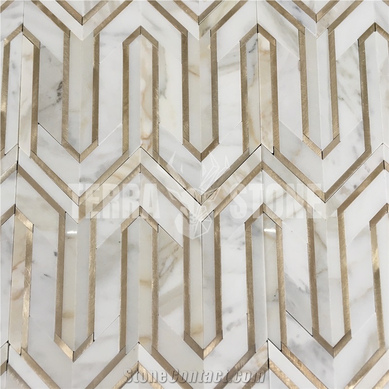 Waterjet Marble Mosaic Stone With Gold Metal Bathroom Tile