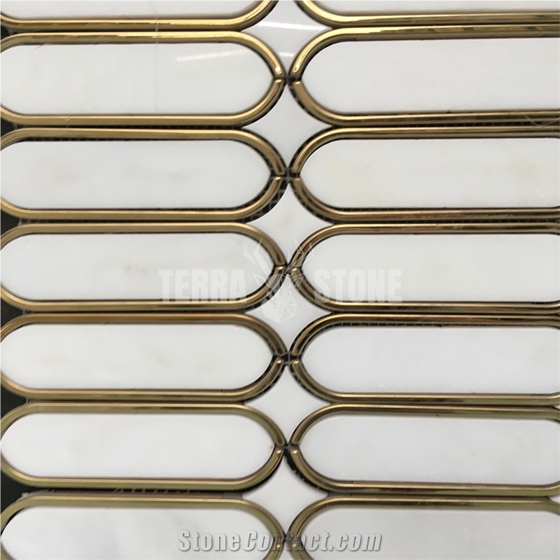 Waterjet Marble Mosaic Thassos White Oval Gold Metal Tile