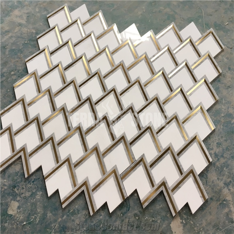 Waterjet Marble Mosaic Thassos With Brass Triangle Tile