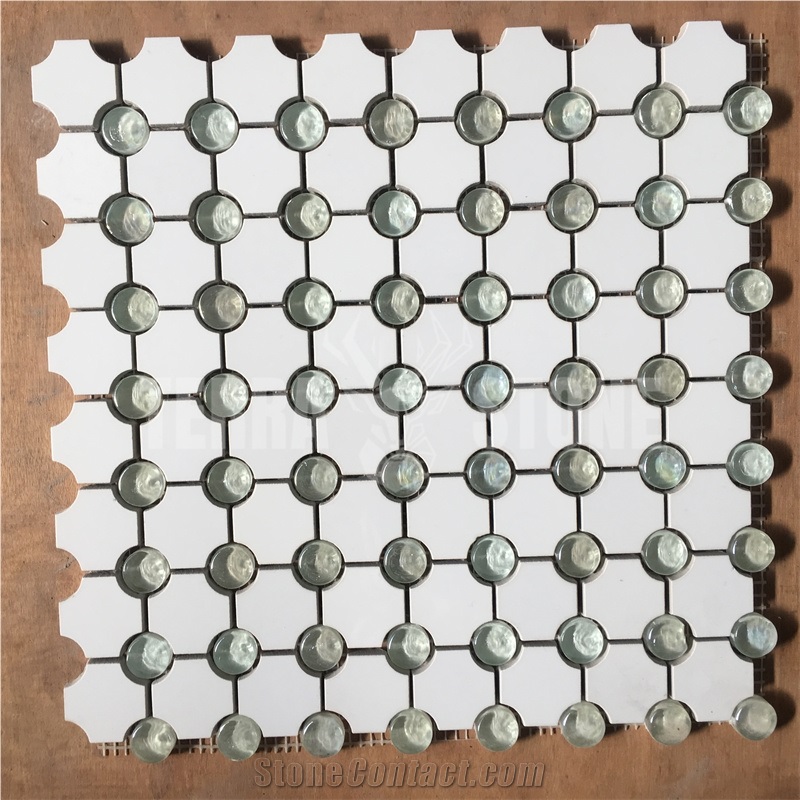 Waterjet Marble Mosaic Tile With Glass Dots For Bathroom