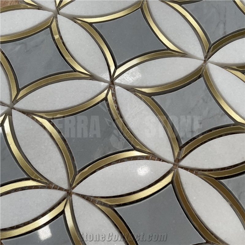 Waterjet Marble Mosaic Tiles With Brass Bardiglio Gray Stone