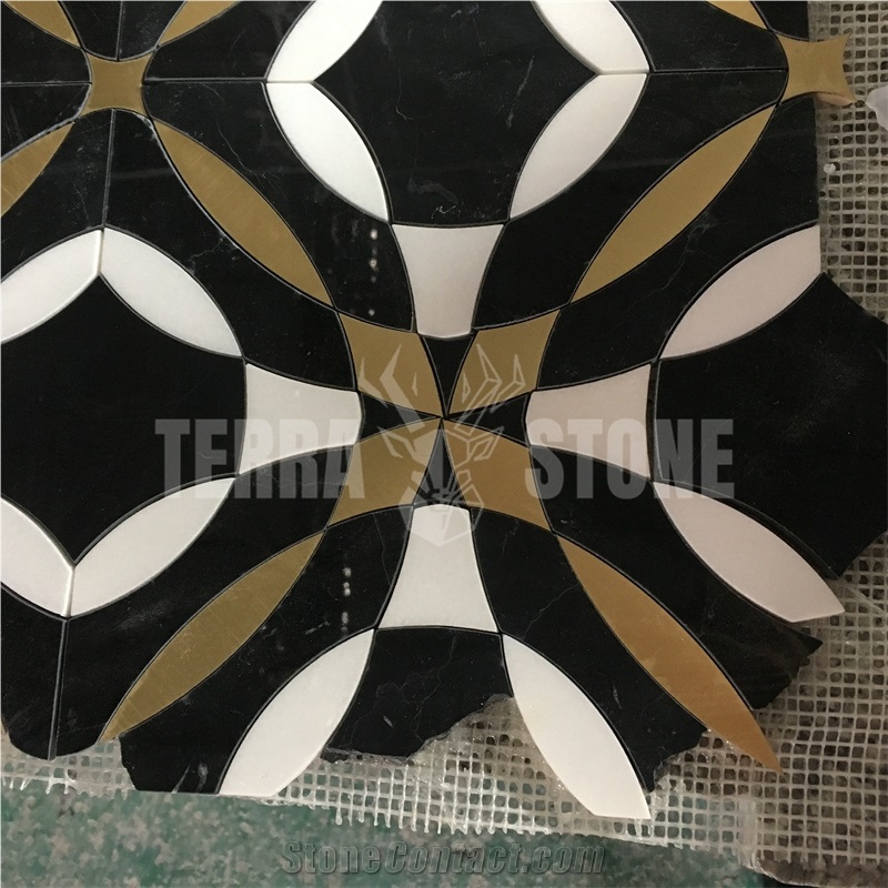 Waterjet Marble Mosaic White Black Gold Mixed Luxury Tile