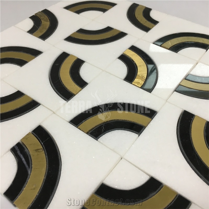 Waterjet Marble Mosaic White Black Gold Stone Floor Tile