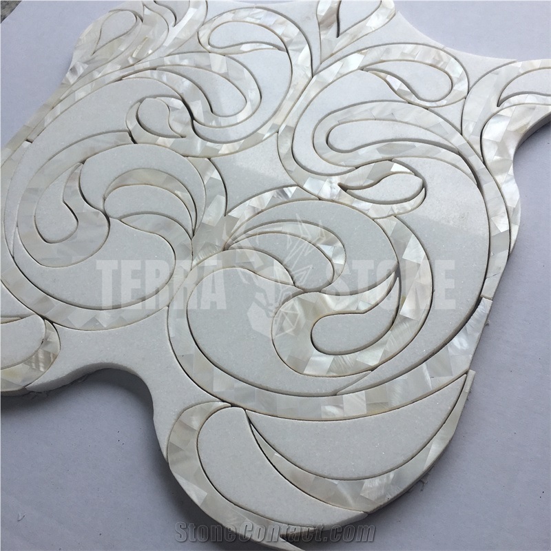 Waterjet Marble Mosaic White Stone Shell Bathroom Wall Tile