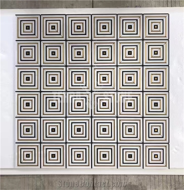 Waterjet Marble Mosaic With Brass Bathroom Wall Tile