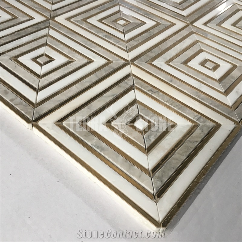 Waterjet Marble Mosaic With Brass Bathroom Wall Tile