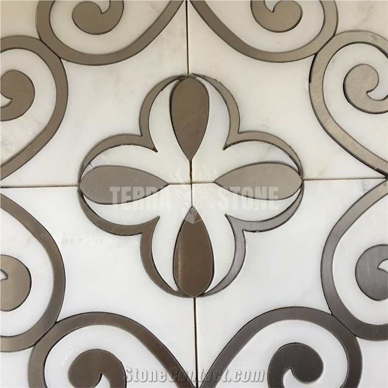 Waterjet Marble Mosaic With Stainless Steel Floral Tile