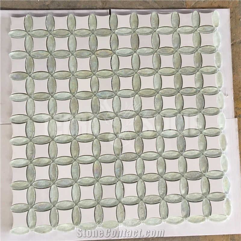 Waterjet Marble Tile Glass Flower Design Bathroom Mosaic