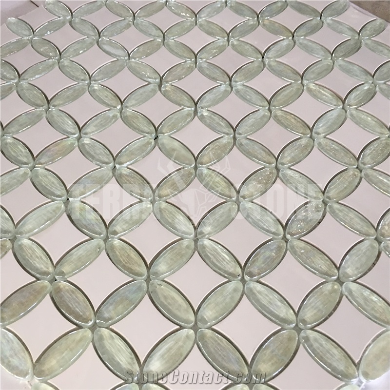 Waterjet Marble Tile Glass Flower Design Bathroom Mosaic