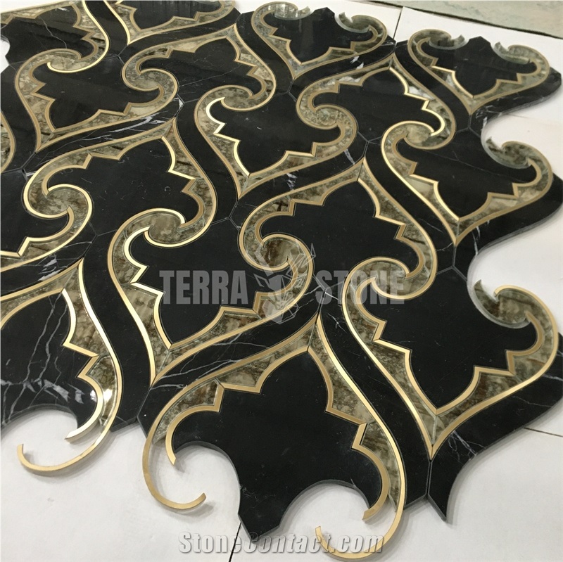 Waterjet Mosaic Black Marble And Antique Mirror Glass Tiles