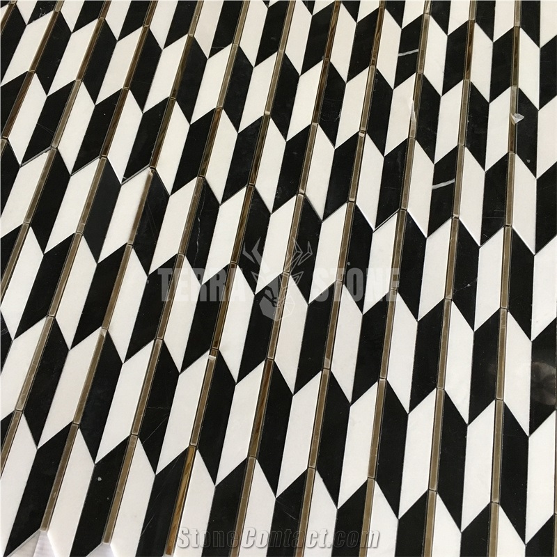 Waterjet Mosaic Black White Marble Gold Metal Backplash Tile