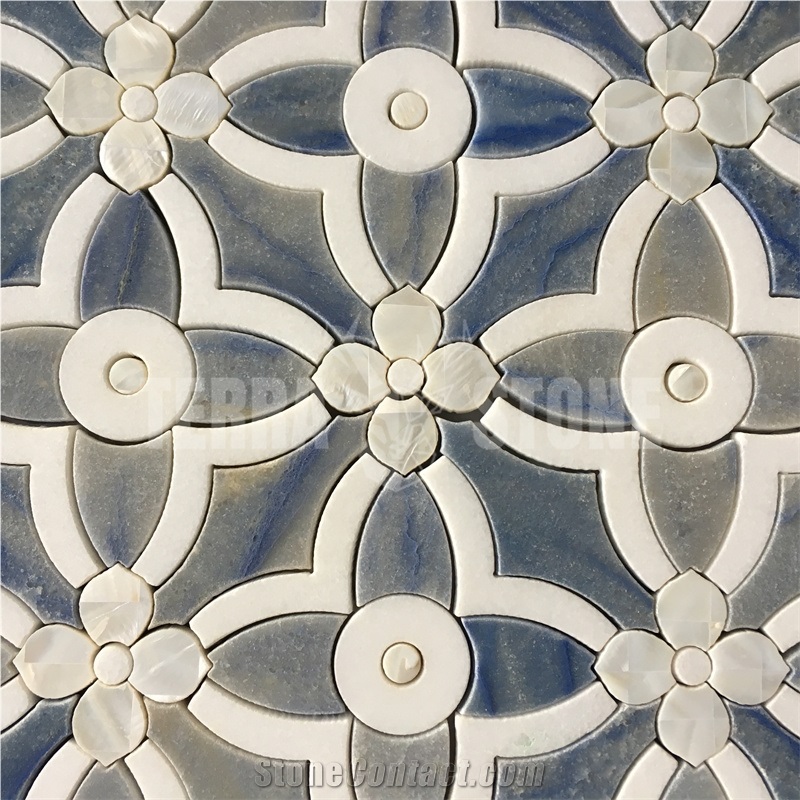 Waterjet Mosaic Blue Flower Marble With Shell Mosaic Tile