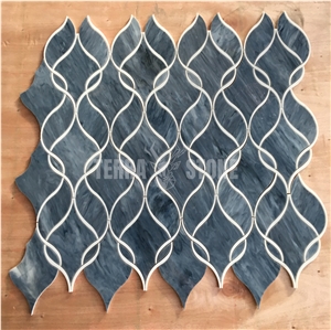Waterjet Mosaic Blue Glass White Marble Tile Ribbon Design