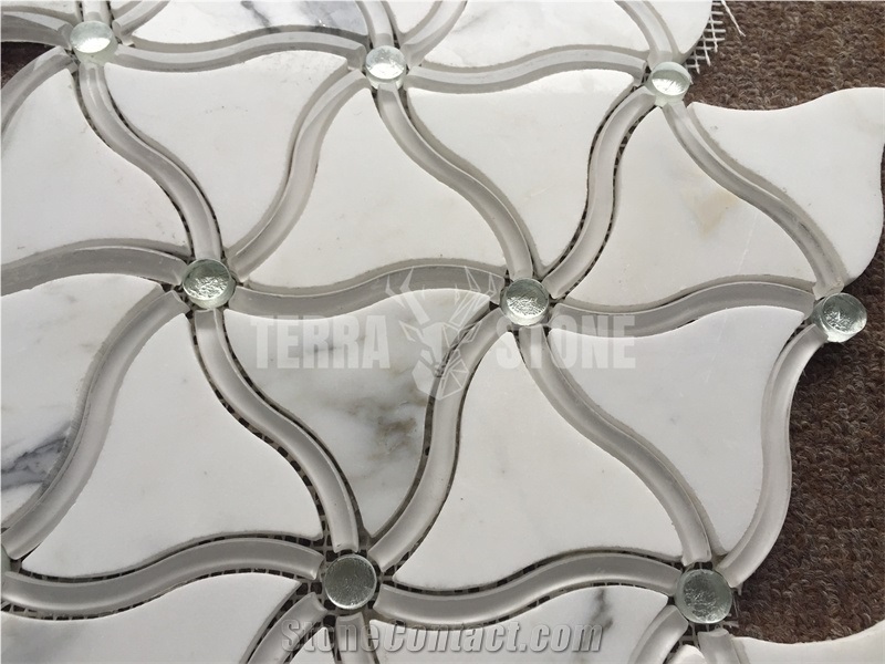 Waterjet Mosaic Calacatta Gold Marble With Glass Insert Tile
