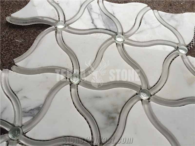 Waterjet Mosaic Calacatta Gold Marble With Glass Insert Tile