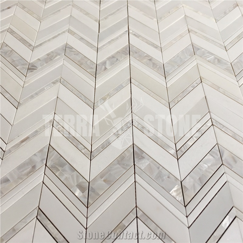 Waterjet Mosaic Chevron Design White Marble Pearl Shell Tile