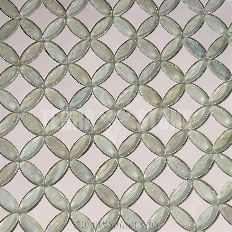 Waterjet Mosaic Crystal Glass And White Marble Kitchen Tiles