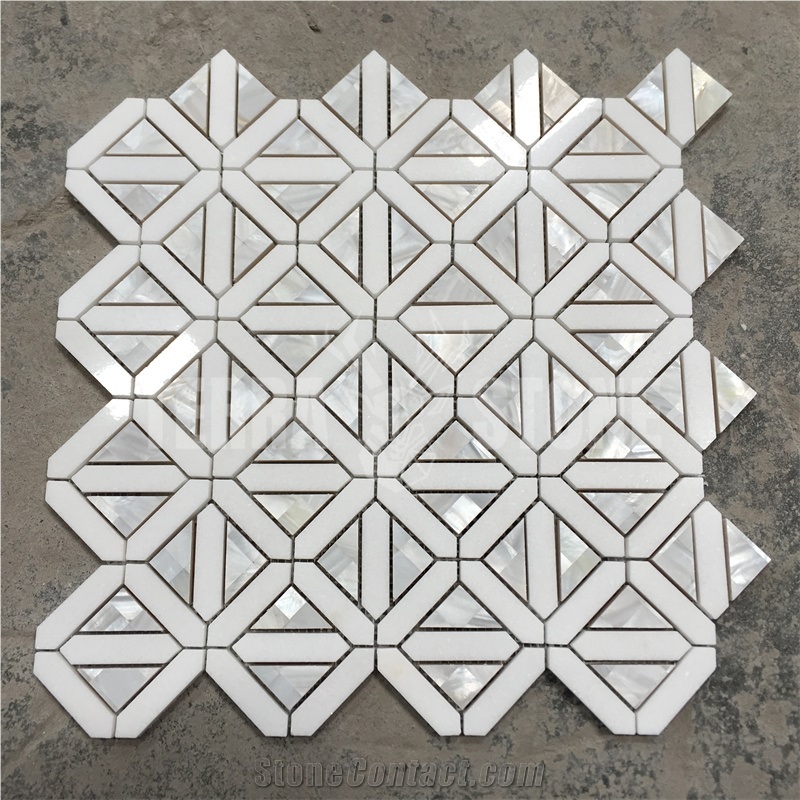 Waterjet Mosaic Geometry Marble With Shell Kitchen Tile